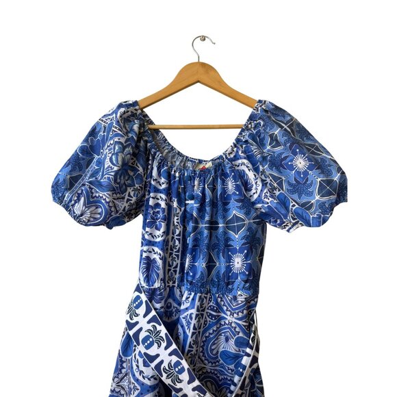 Farm Rio Maxi Blue And White Belted Dress Size L Anthropologie Blue Tile Dream - Picture 5 of 15